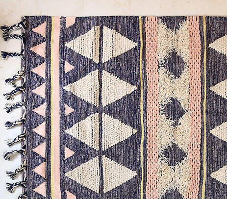 Geometric Fringed Rug with Tassel Braids