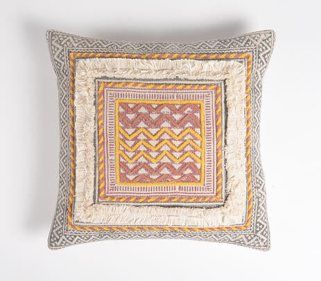Hand Block Printed Geometric Bordered Cotton Cushion Cover