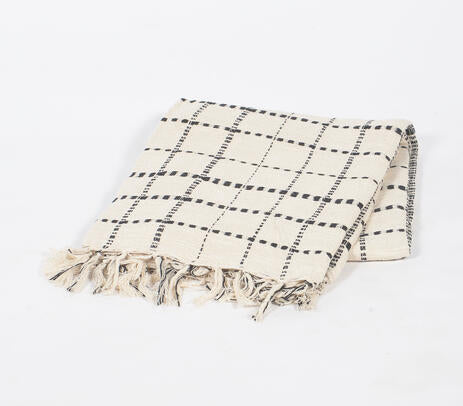Neutral Checkered Cotton Throw with Tassels – Handwoven