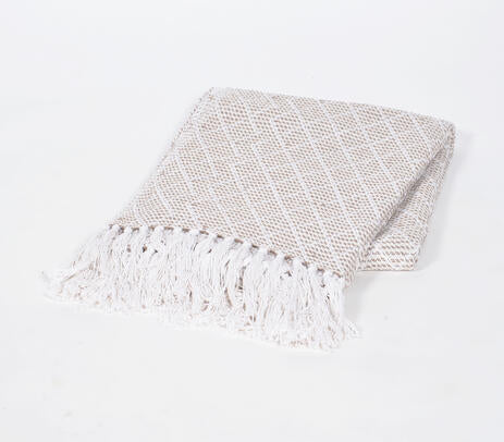 Handwoven Cotton Striped &amp; Lattice Tasseled Throw