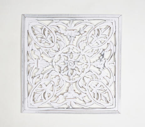 White medallion wall plaque with distressed finish – boho MDF wall decor for living room or bedroom