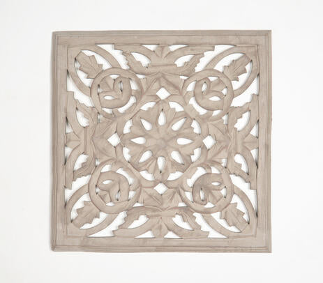 Taupe medallion wall plaque with floral carving – handcrafted vintage boho wall decor for living room or hallway