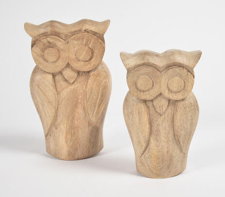 Hand-Carved Carved Wooden Owl Figurines (Set of 2)