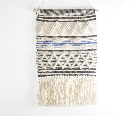 Geometric Fringed Handwoven Cotton &amp; Wool Wall Hanging