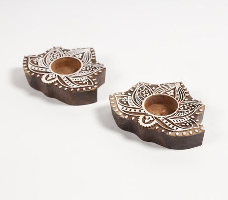 Hand Carved Wooden Lotus Tealight Holders (Set of 2)