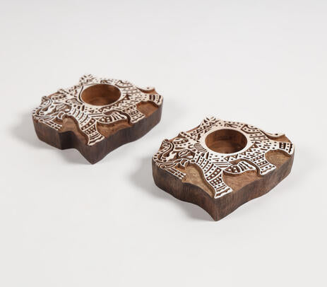 Hand Carved Wooden Elephant Tealight Holders (Set of 2)