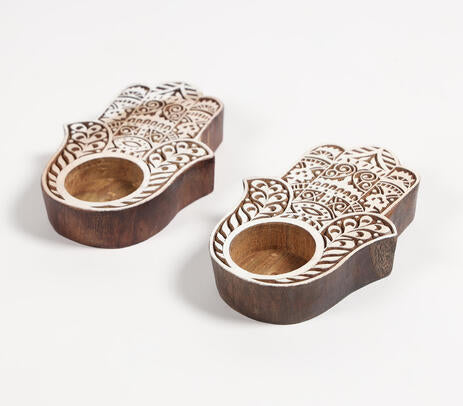 Hand Carved Wooden Hamsa Palm Tealight Holders (Set of 2)