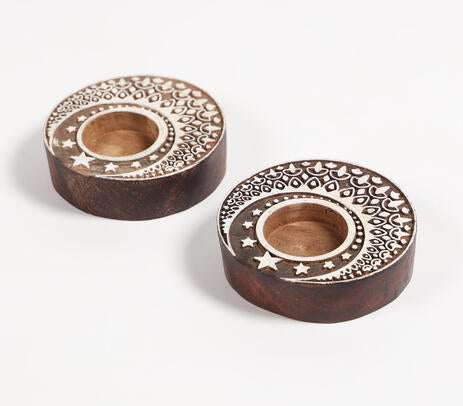 Hand Carved Wooden Moon Tealight Holders (Set of 2)