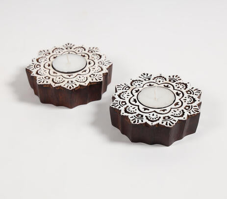Hand Carved Wooden Mandala Tealight Holders (Set of 2)
