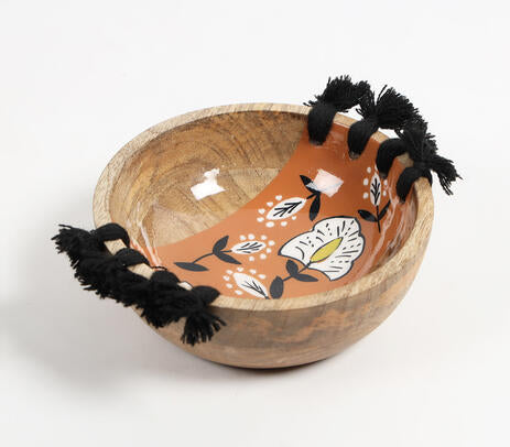 Enamelled Floral Tasseled Wooden Serving Bowl
