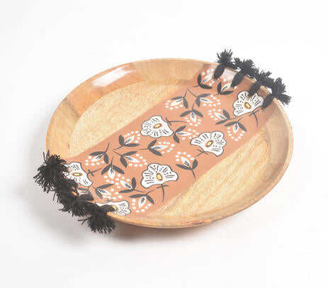 Floral Tasseled Mango Wood Plate – Handcrafted Decorative Wood Dish