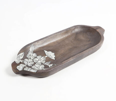 Hand Painted Mango Wood Floral-Sketch Elongated Platter