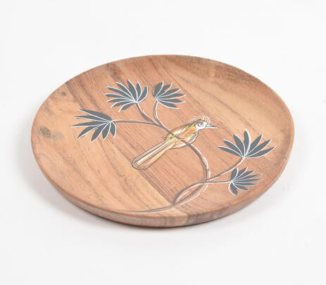 Enamelled Acacia Wood &#39;Bird on a Branch&#39; Plate (Small)