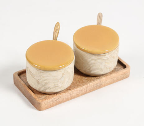 Set of Condiment Ceramic Bowls With Wooden Spoons