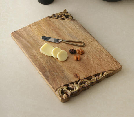 Hand Carved Golden Border Chopping Board – Artisan Wooden Kitchen Board with Decorative Gold Detailing