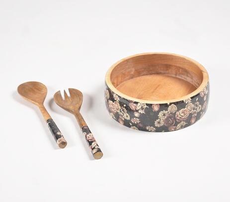 Vintage Rose Salad Bowl with Servers set – Hand-Carved