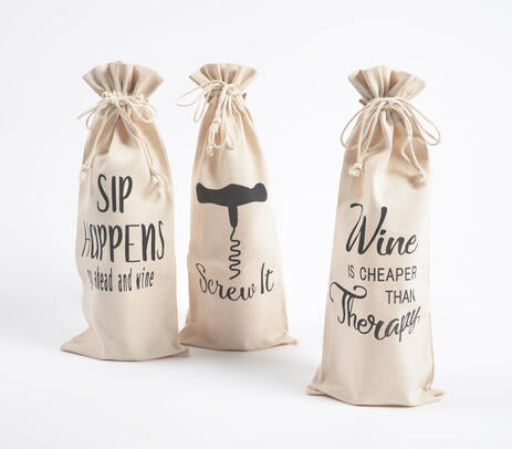 Typographic Canvas Wine Bags – Eco-Friendly Set of 3