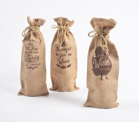 Typographic Drawstring Jute Wine Bags (Set of 3)