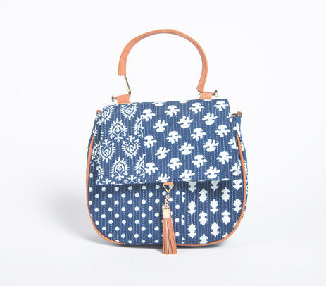 Floral Indigo Printed Handbag with Tassel