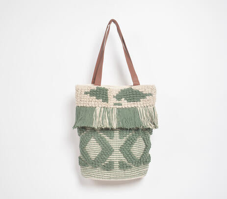 Olive Deco Tufted & Tasseled Tote Bag