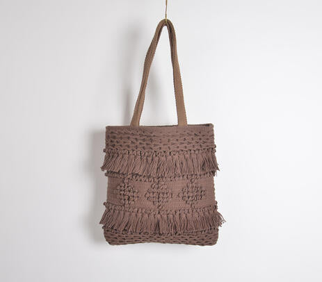 Tufted &amp; Tasseled Cocoa Tote Bag – Handcrafted Cotton Tote