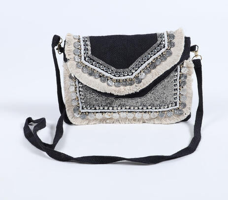 Metallic Embellished & Fringed Black Jute Sling Bag