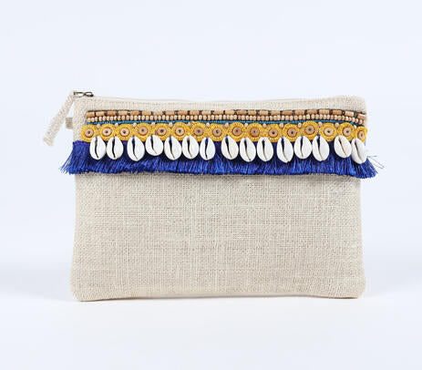 Beads & Fringes Embellished Jute Pouch