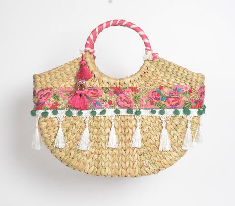 Floral Basket Woven Handbag – Cane Moon Bag for Women