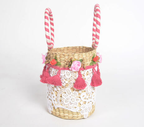 Floral Lace Tasseled Basket Woven Cane Bucket Bag