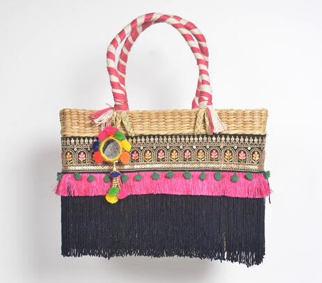 Fringed Black &amp; Hot Pink Basket Woven Cane Handbag