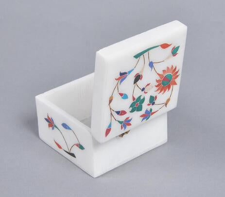 Inlaid Semi-Precious Stone &amp; Marble Square Jewelry Box