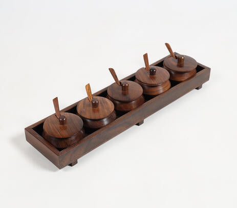Hand Turned Rosewood Condiment Set – 5 Pots with Spoons