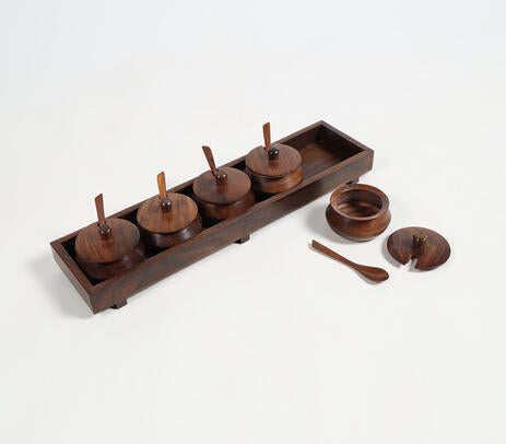 Hand Turned Rosewood Condiment Set – 5 Pots with Spoons