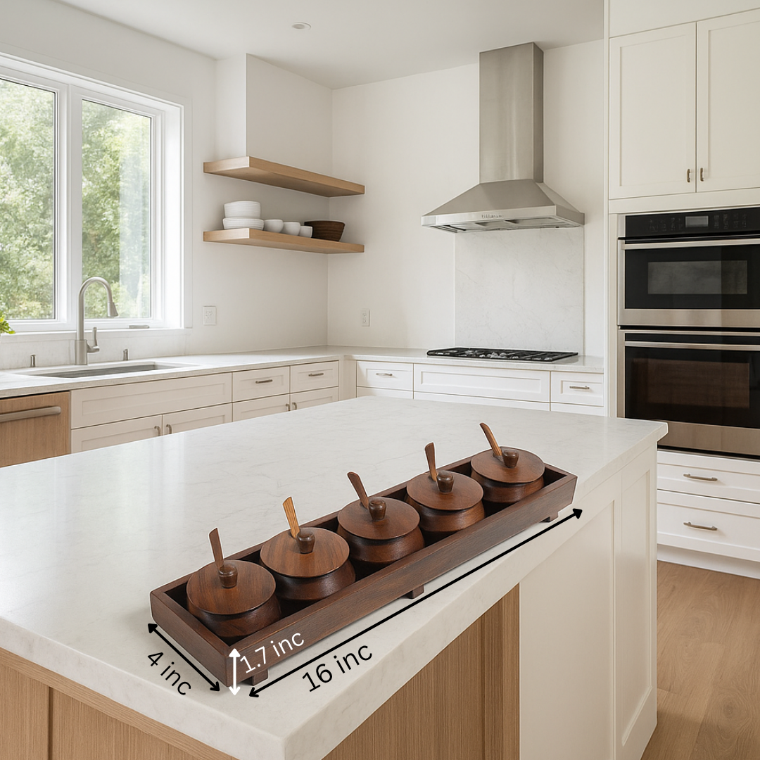 Hand Turned Rosewood Condiment Set – 5 Pots with Spoons Measurement Image