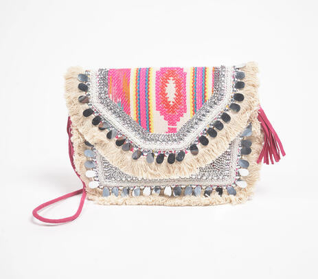 Handcrafted Sequin Embellished Sling Bag – Fringed & Tasseled
