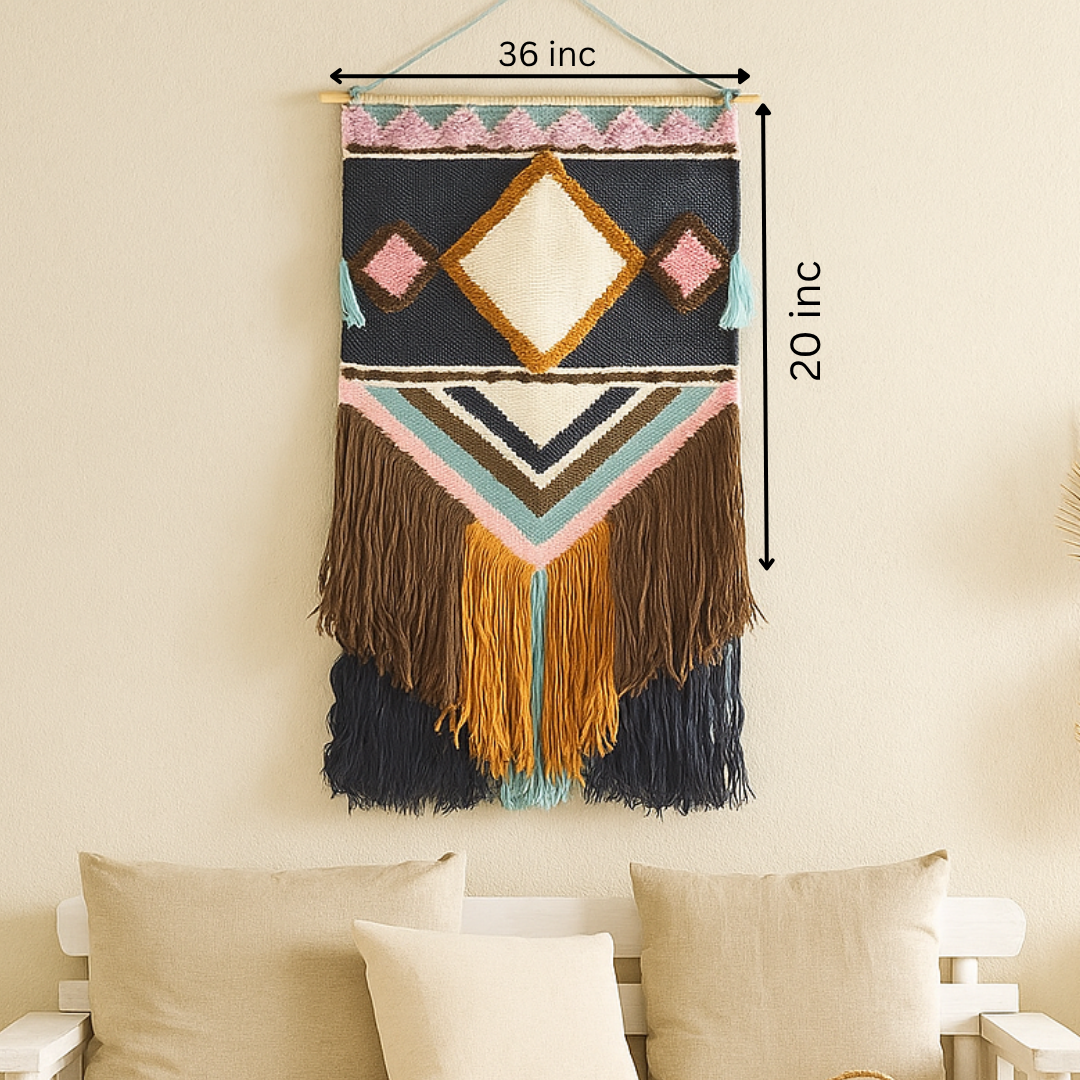 Handwoven Fringe Wall Hanging – Geometric Wool - Measurement Image