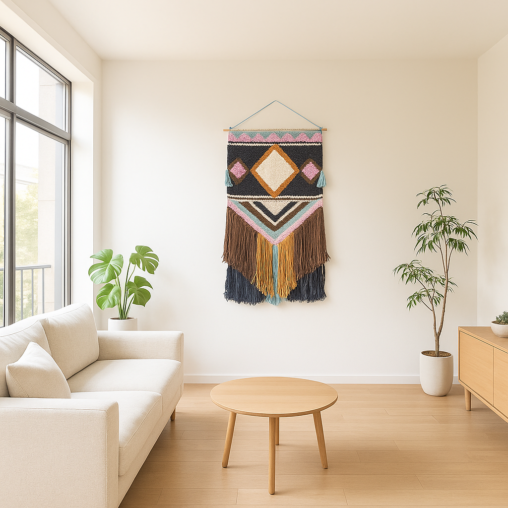 Handwoven Fringe Wall Hanging – Geometric Wool