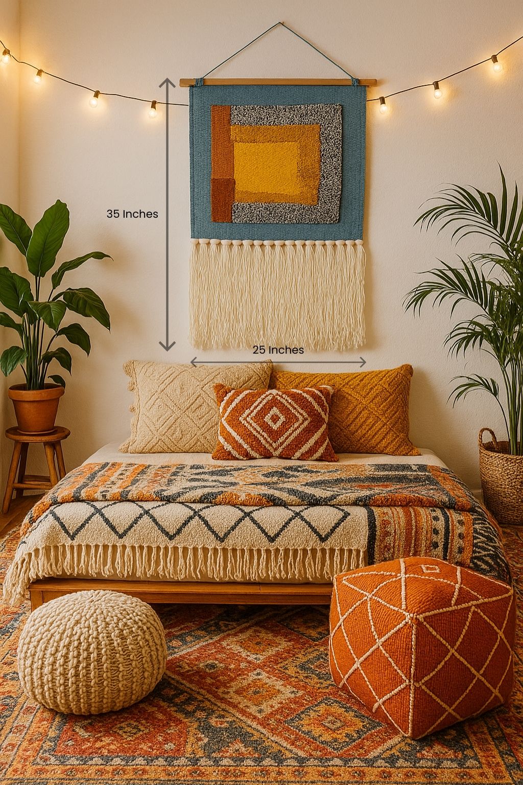 Handwoven abstract wall hanging with colorful woven details and tassels – bold boho wall decor for bedroom or hallway