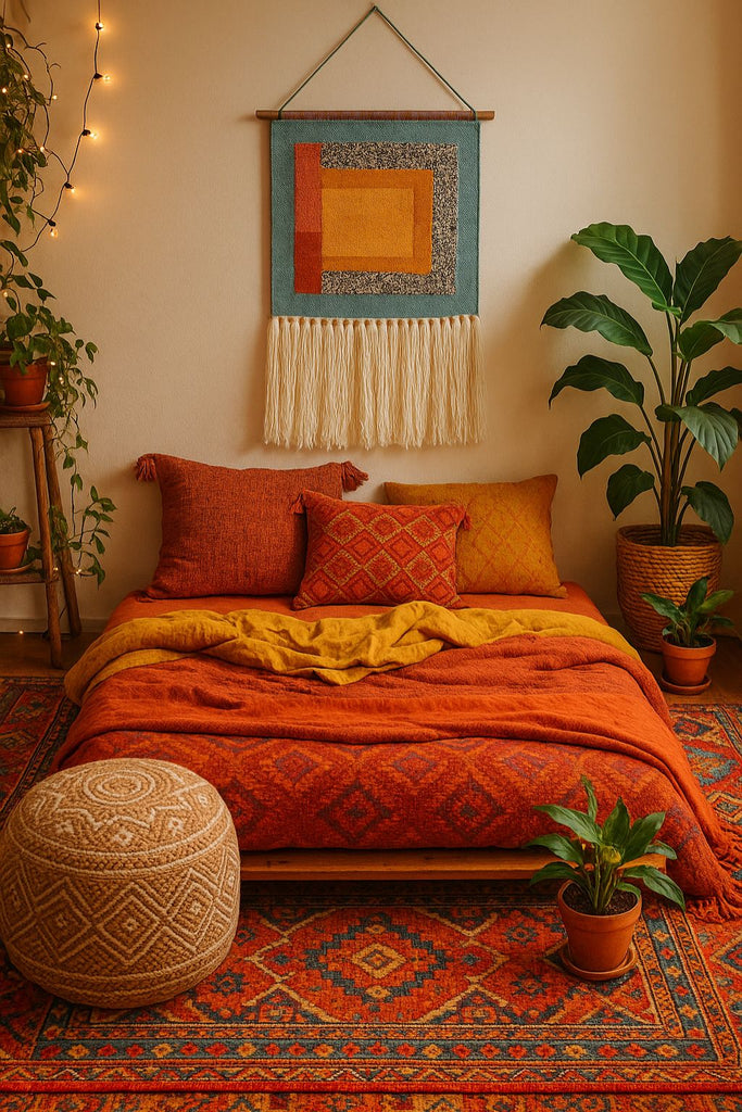 Handwoven abstract wall hanging with colorful woven details and tassels – bold boho wall decor for bedroom or hallway