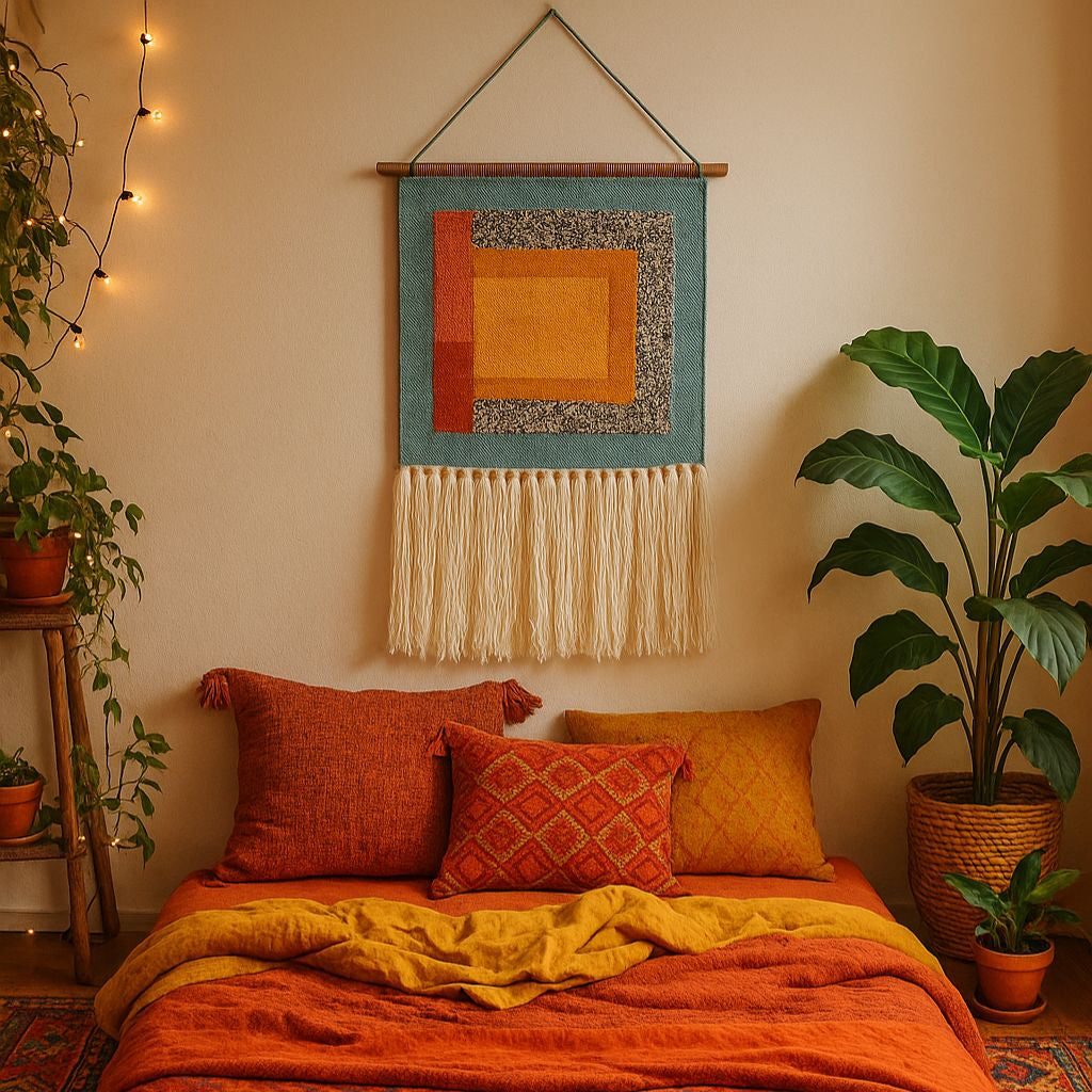 Handwoven abstract wall hanging with colorful woven details and tassels – bold boho wall decor for bedroom or hallway