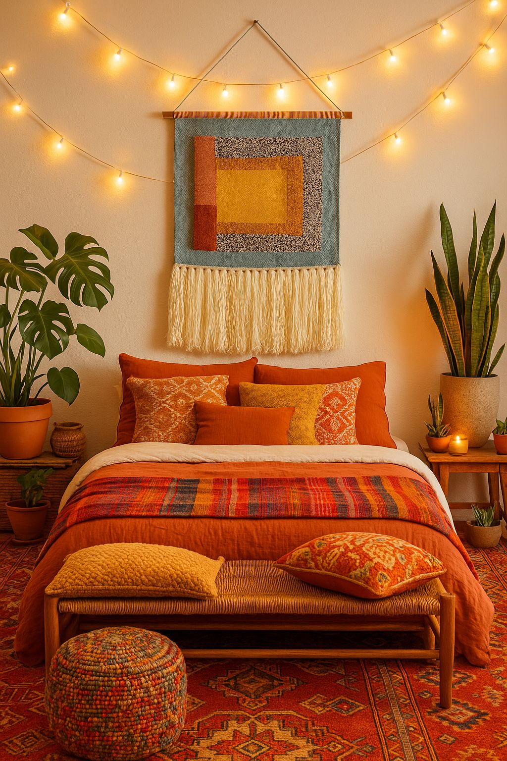 Handwoven abstract wall hanging with colorful woven details and tassels – bold boho wall decor for bedroom or hallway