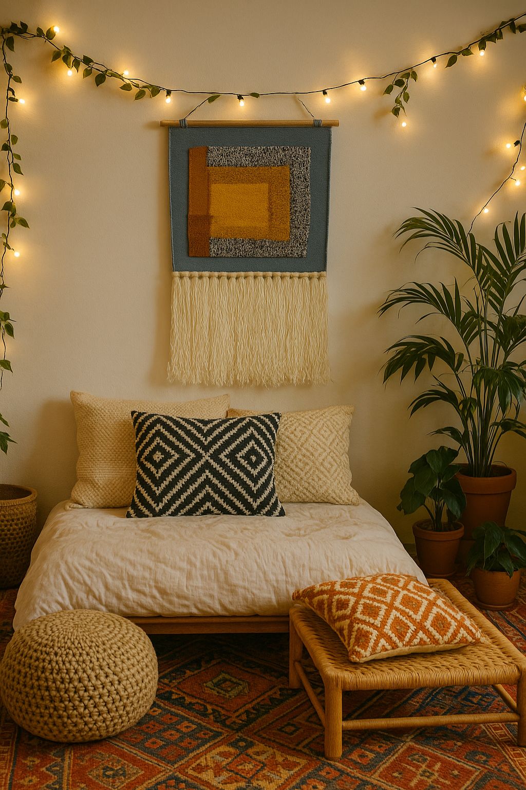 Handwoven abstract wall hanging with colorful woven details and tassels – bold boho wall decor for bedroom or hallway