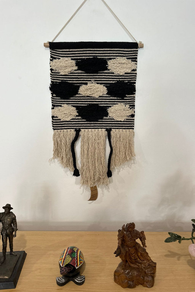 Handwoven black and white cotton wall hanging with fringe – modern boho decor for hallway or living room

