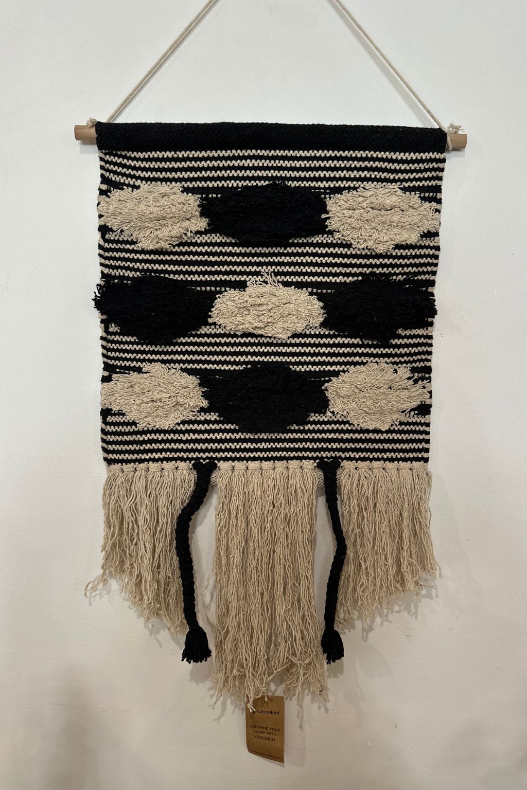 Handwoven black and white cotton wall hanging with fringe – modern boho decor for hallway or living room

