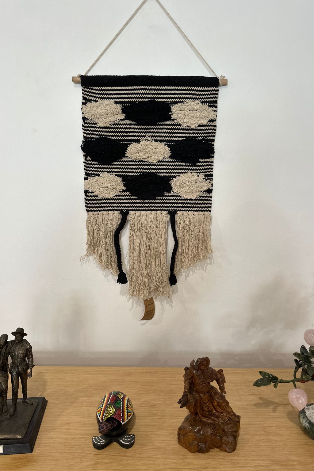 Handwoven black and white cotton wall hanging with fringe – modern boho decor for hallway or living room


