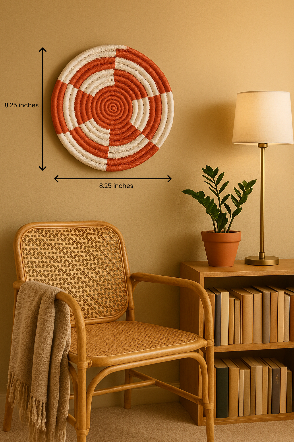 Handwoven red and white colorblock round wall plate – bold boho decor for modern living room, gallery wall, or entryway
