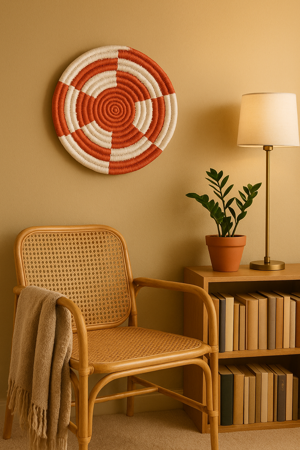 Handwoven red and white colorblock round wall plate – bold boho decor for modern living room, gallery wall, or entryway