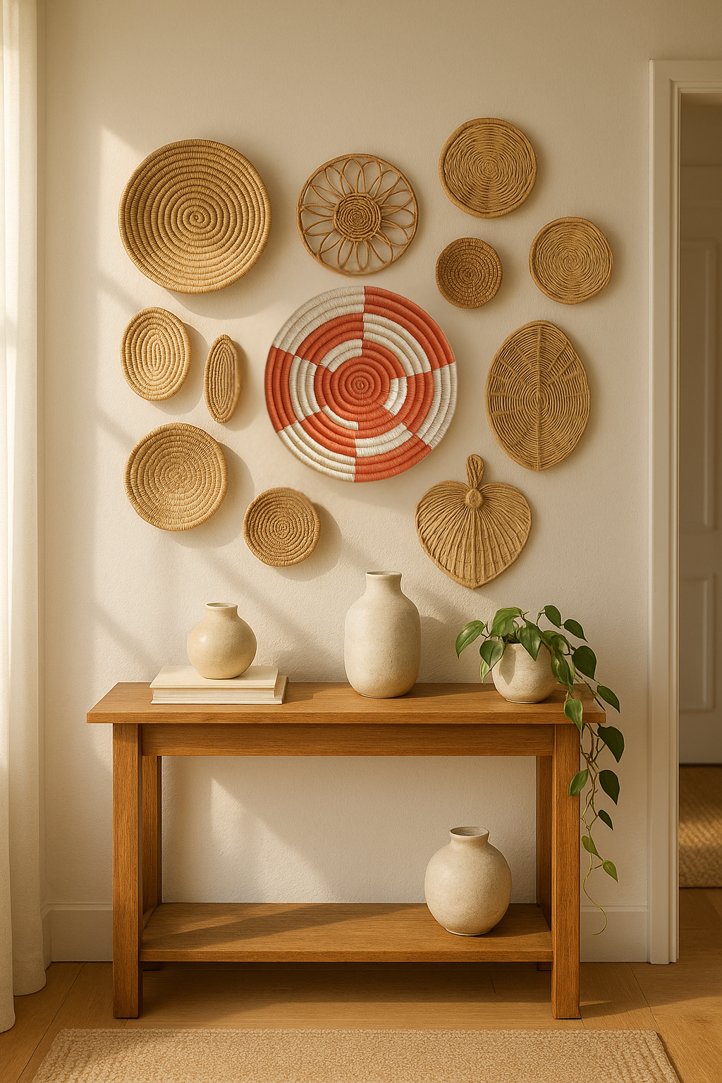 Handwoven red and white colorblock round wall plate – bold boho decor for modern living room, gallery wall, or entryway