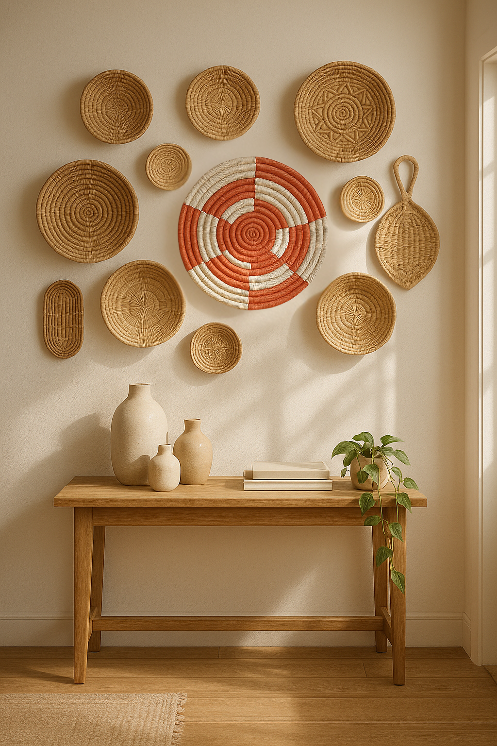 Handwoven red and white colorblock round wall plate – bold boho decor for modern living room, gallery wall, or entryway