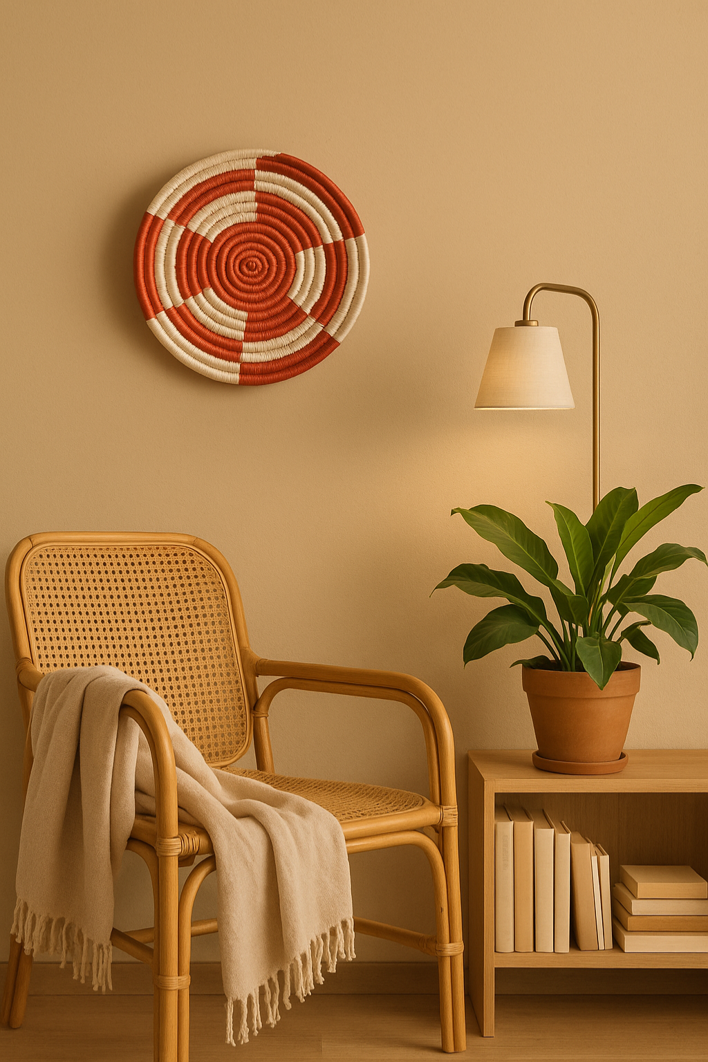 Handwoven red and white colorblock round wall plate – bold boho decor for modern living room, gallery wall, or entryway